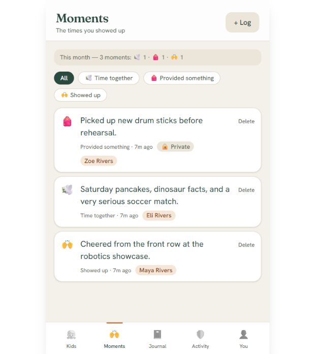A Place to Show Up Moments interface using demonstration family data