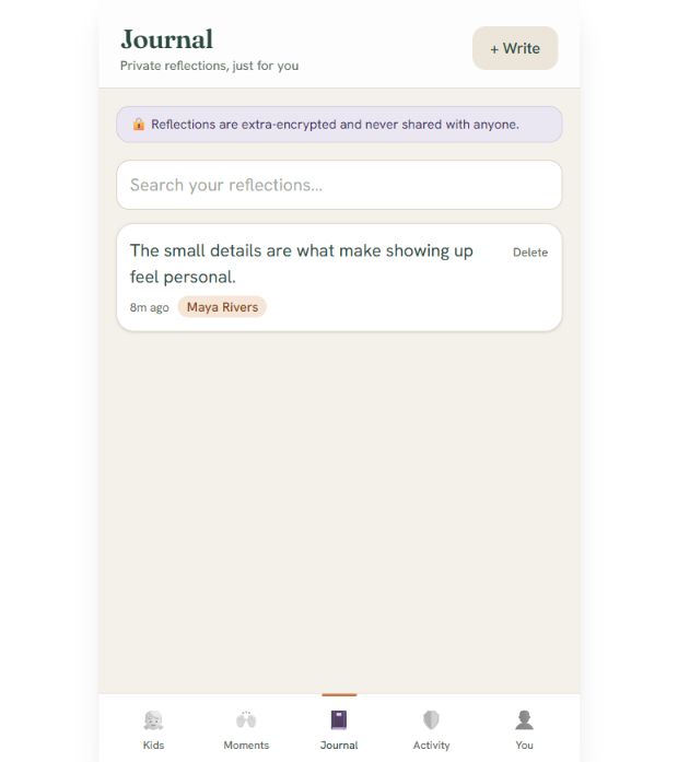 A Place to Show Up private journal interface using demonstration data