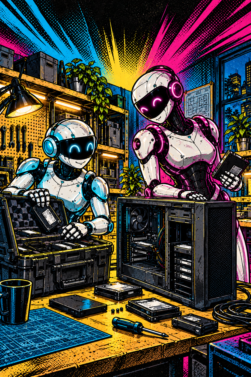 Comic illustration of J-Bot and Twilight unpacking equipment around the Tower workstation