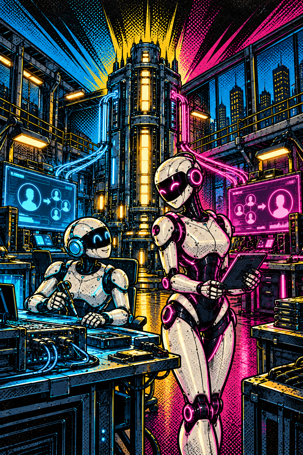 Comic illustration of one Tower workstation supporting distinct cyan J-Bot and magenta Twilight work areas