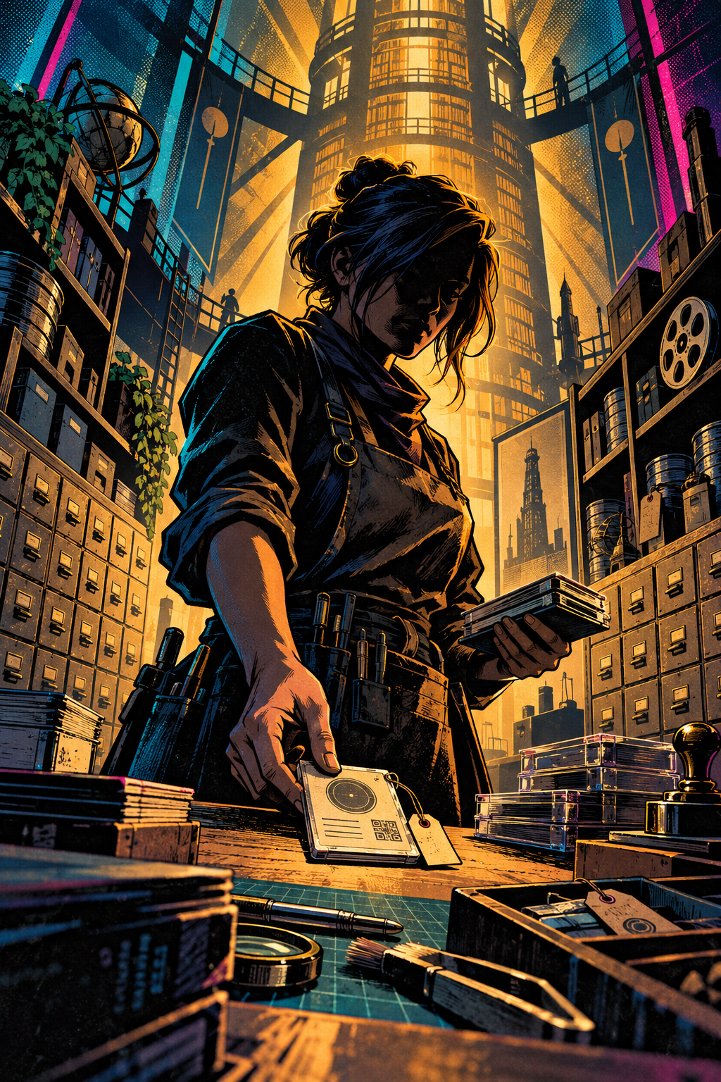 Comic illustration of Susan at an amber-lit archive counter, with catalog drawers and media shelves around her