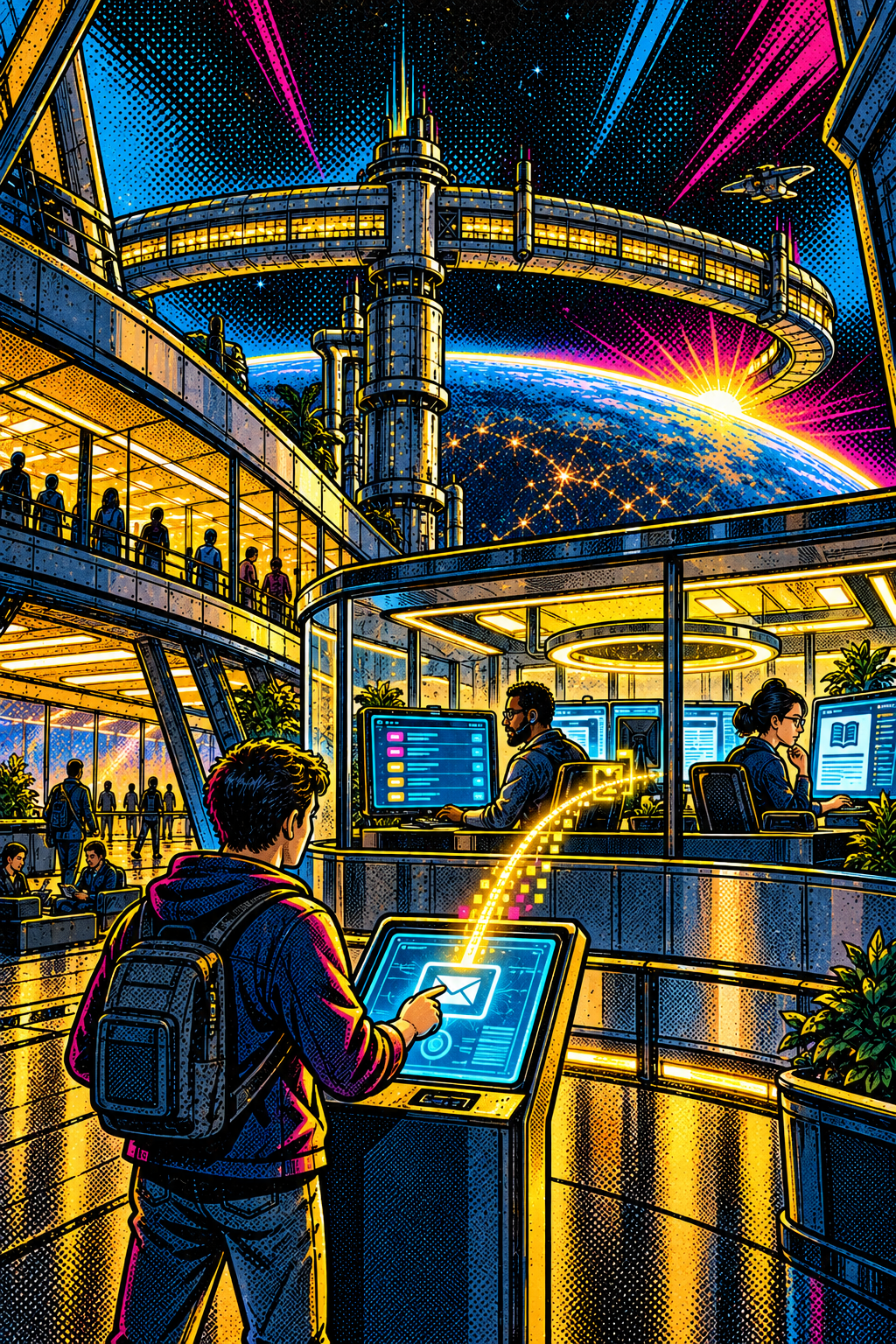 Comic-style Watchtower service desk with a requester and human technicians at work