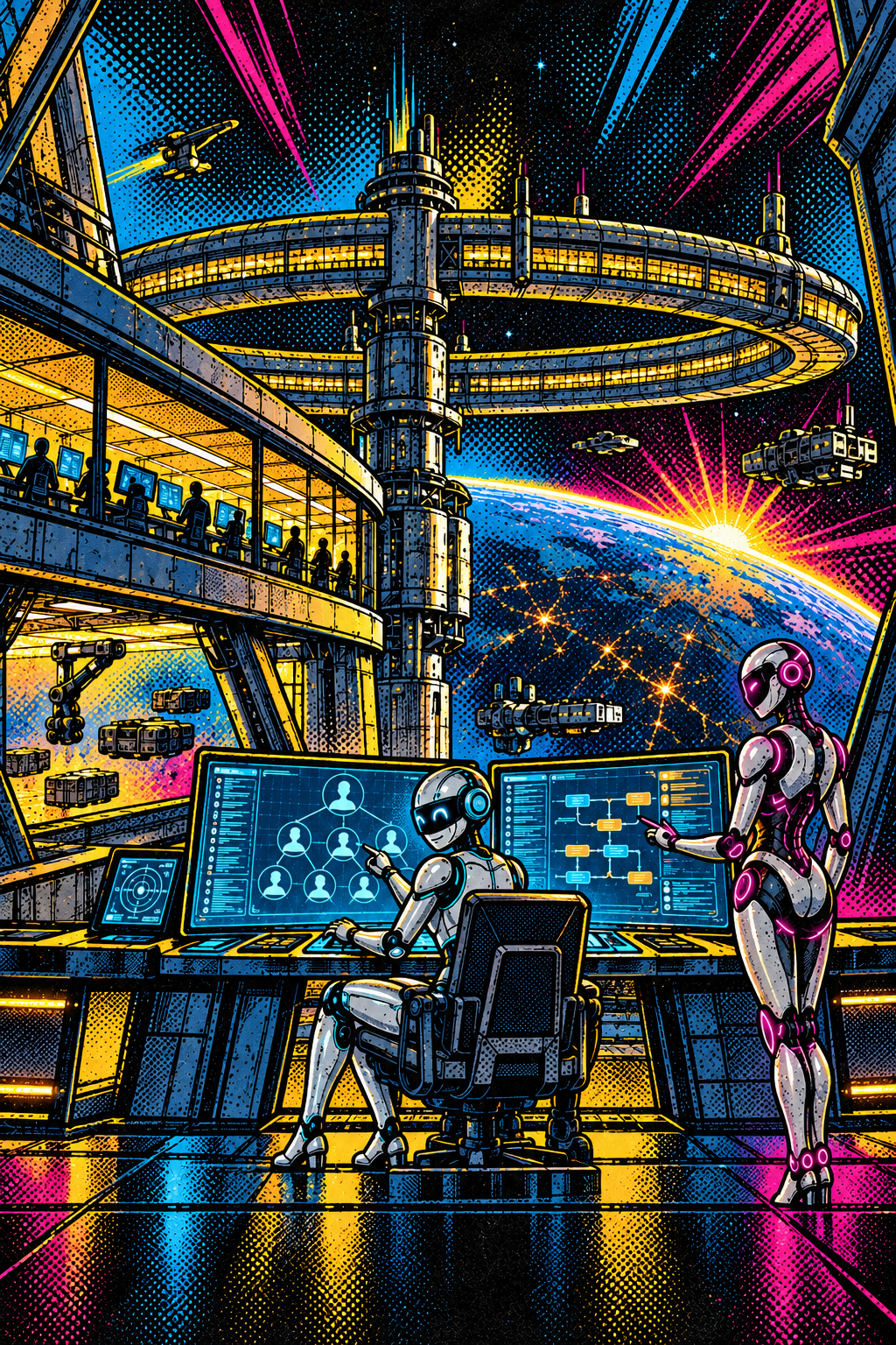 Comic-style space-station operations room with J-Bot and Twilight at a console