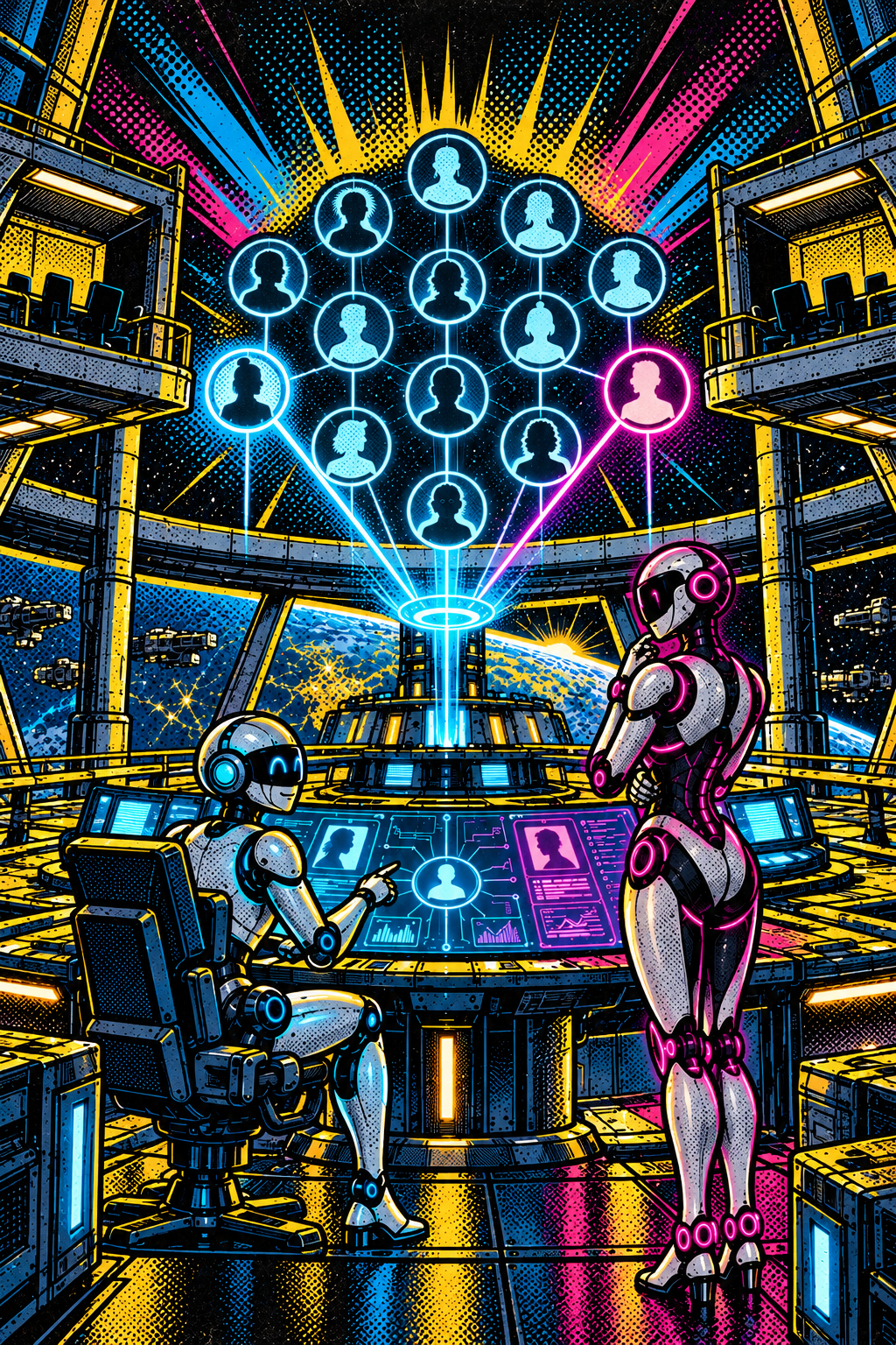 Comic-style identity map over a space-station service desk, with J-Bot and Twilight
