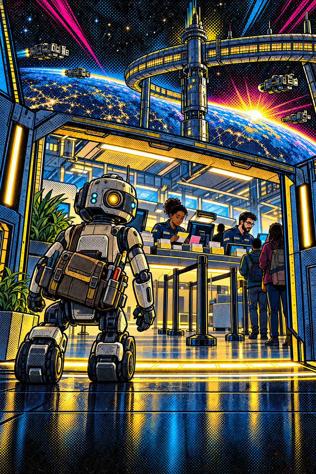 Comic-style Rover support bot at the threshold of the staffed Watchtower service desk