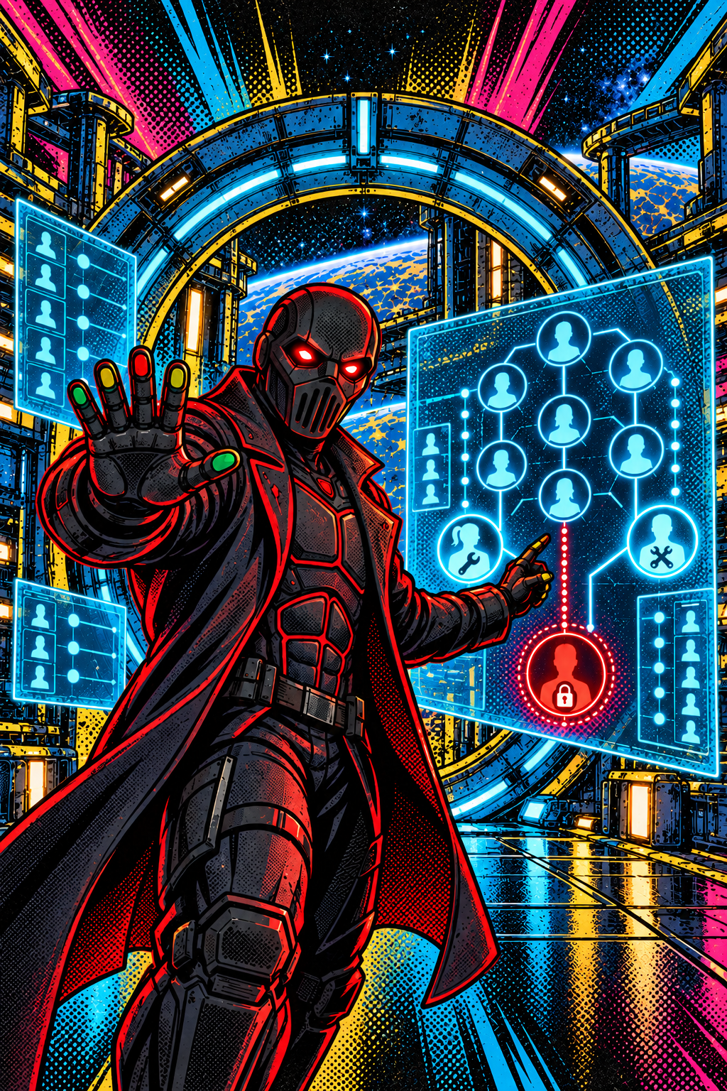Comic-style HackBot standing before a glowing access-control map